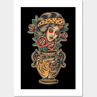 Women Flower Vase Traditional Tattoo Posters and Art